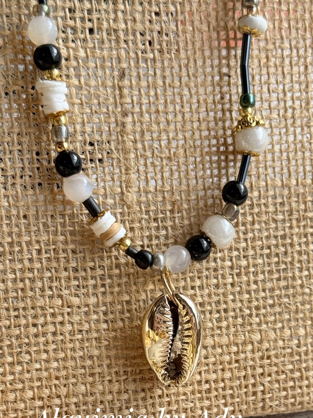 Gold Cowrie Shell Pendant Necklace with Black onyx and White agate Beads